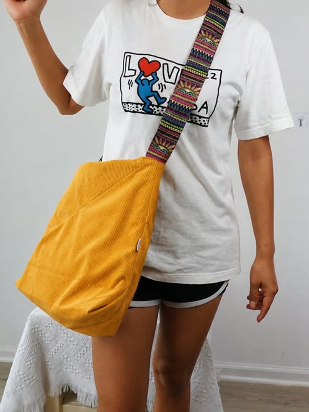 Honey Mustard Corduroy Crossbody Bag, Large Slouchy Tote, Guitar Strap Shoulder